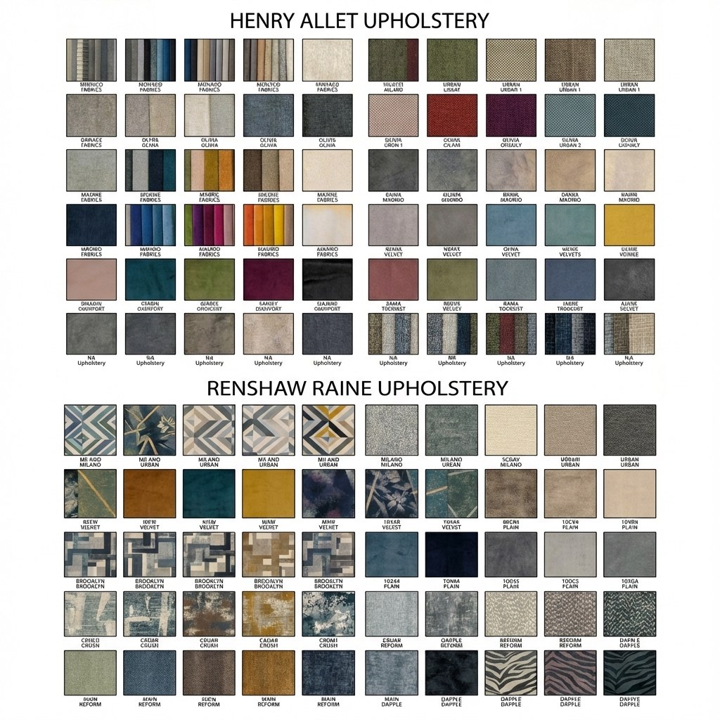 A variety of fabric swatches for bespoke sofa customisation, showing colours and textures.